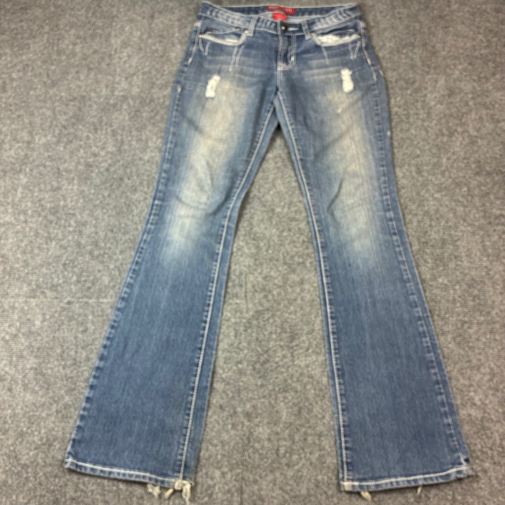 Red Rivet Flare Jeans Women 5 Medium Wash Fleur De Lis Rhinestone Distressed Y2K
